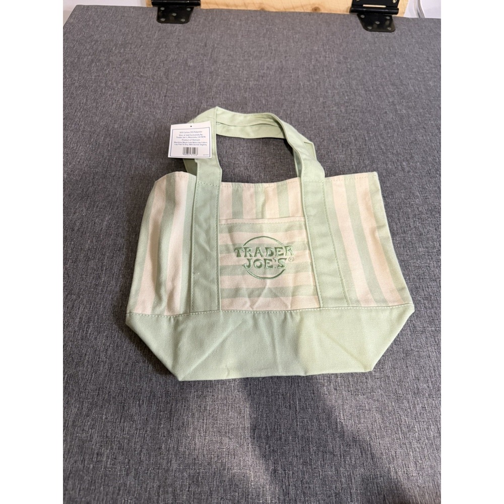 Trader Joe's Sage Green Striped Mini Canvas Tote Bag | Reusable Limited Edition